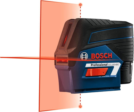Perspective view of the Bosch 12V Max connected cross-line laser projecting bright red horizontal and vertical plumb lines, illustrating its all-in-one functionality for alignment tasks.