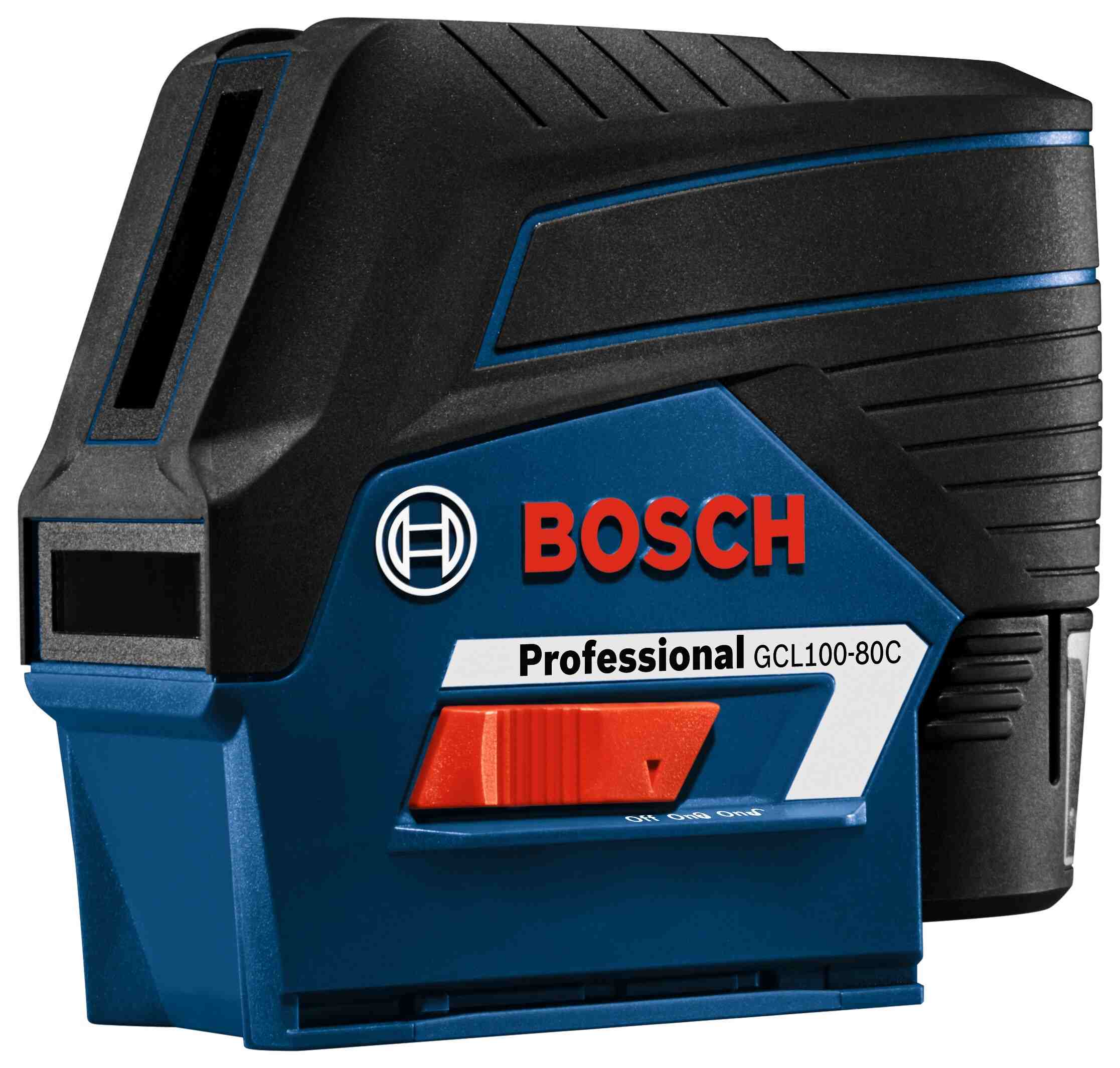 Close-up side view of the Bosch GCL100-80C-RT laser level highlighting the compact design and professional-grade over-mold construction.