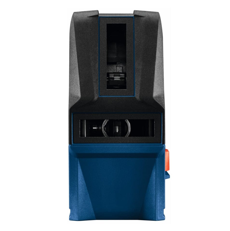 Front view of the Bosch connected cross-line laser showing the vertical and horizontal laser apertures used for projecting plumb points and level lines.