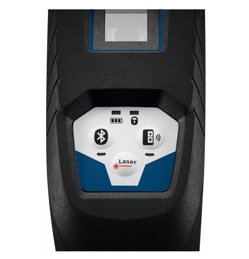 Top view of the Bosch GCL100-80C control panel featuring buttons for Bluetooth connectivity, pendulum lock, and laser mode selection along with battery status indicators.