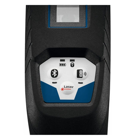 Top view of the Bosch GCL100-80C control panel featuring buttons for Bluetooth connectivity, pendulum lock, and laser mode selection along with battery status indicators.