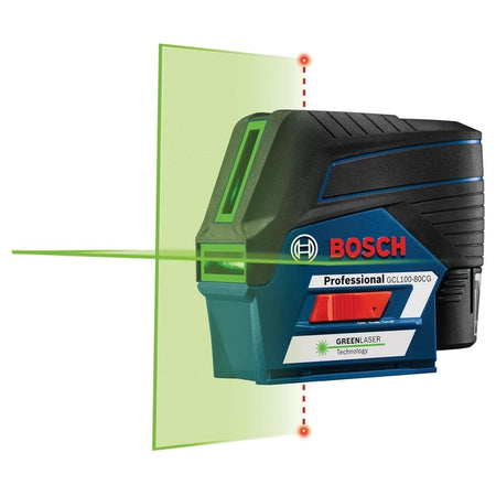 The Bosch GCL100-80CG green beam cross-line laser level projecting bright horizontal and vertical lines against a green background graphic.
