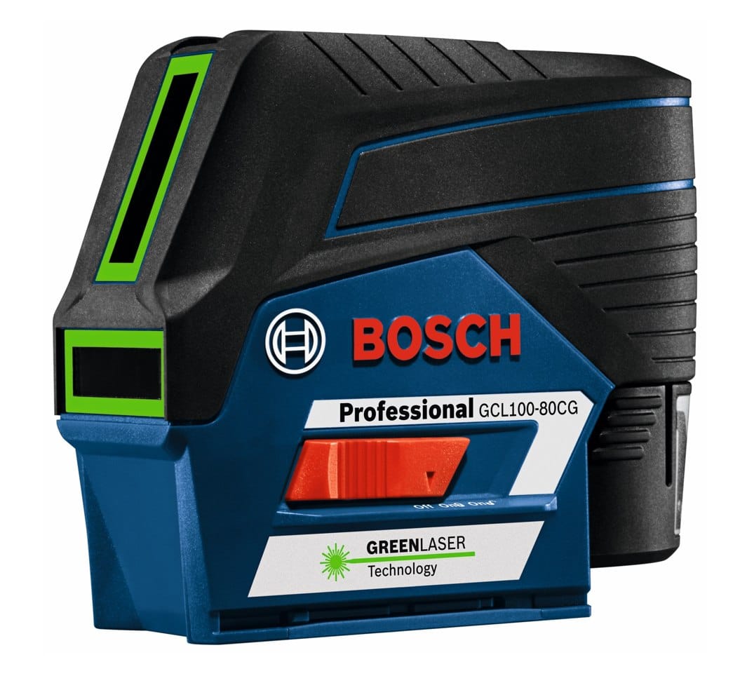 An angled view of the laser tool showing the rugged blue and black housing and the front laser emission windows.