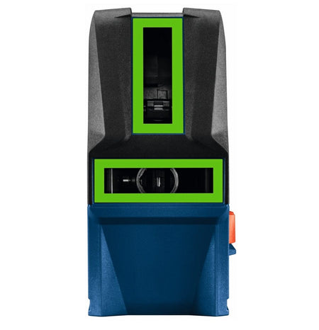 Front view of the laser level displaying the vertical and horizontal green beam apertures and the central plumb point opening.