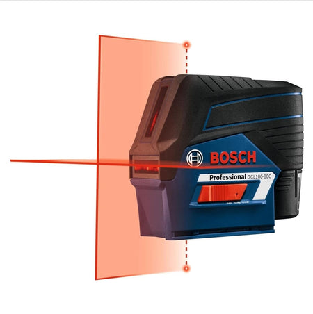 Professional Bosch GCL100-80C 12V Max connected cross-line laser level projecting bright red horizontal and vertical self-leveling lines with visible plumb points for precision alignment.