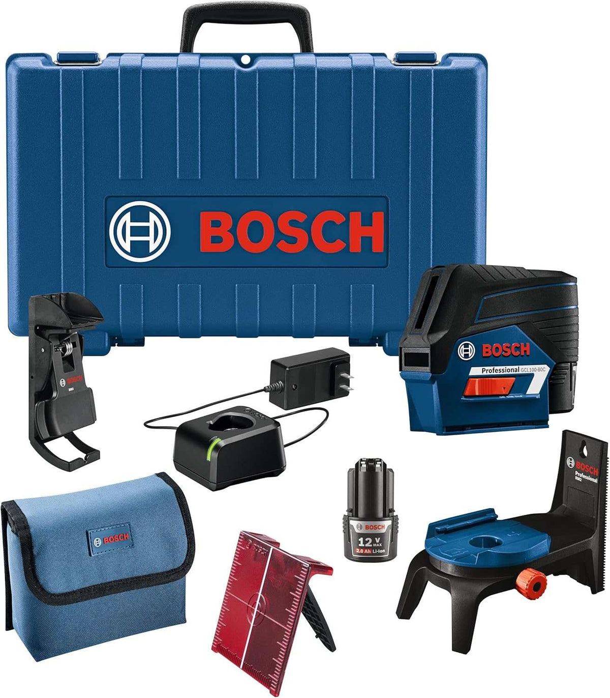 Complete Bosch GCL100-80C 12V Max laser kit including the cross-line laser tool, 2.0 Ah battery, charger, RM 2 magnetic rotating mount, ceiling clip, target plate, and hard carrying case.