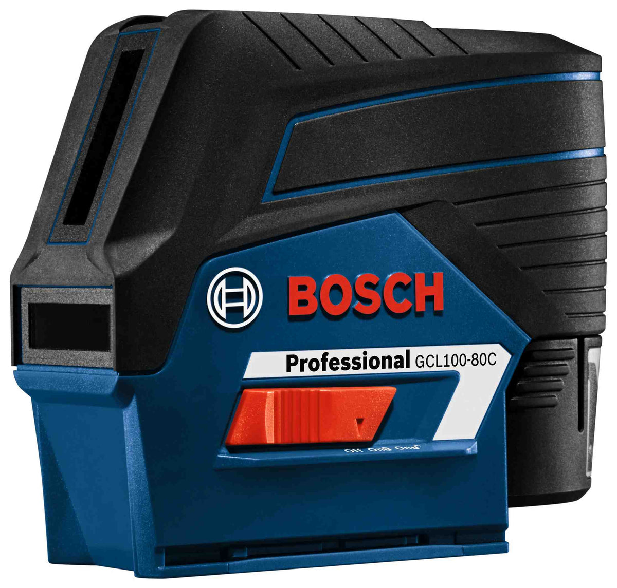 Side profile of the Bosch GCL100-80C 12V Max connected cross-line laser level showing the rugged professional housing and the red sliding power and pendulum lock switch.