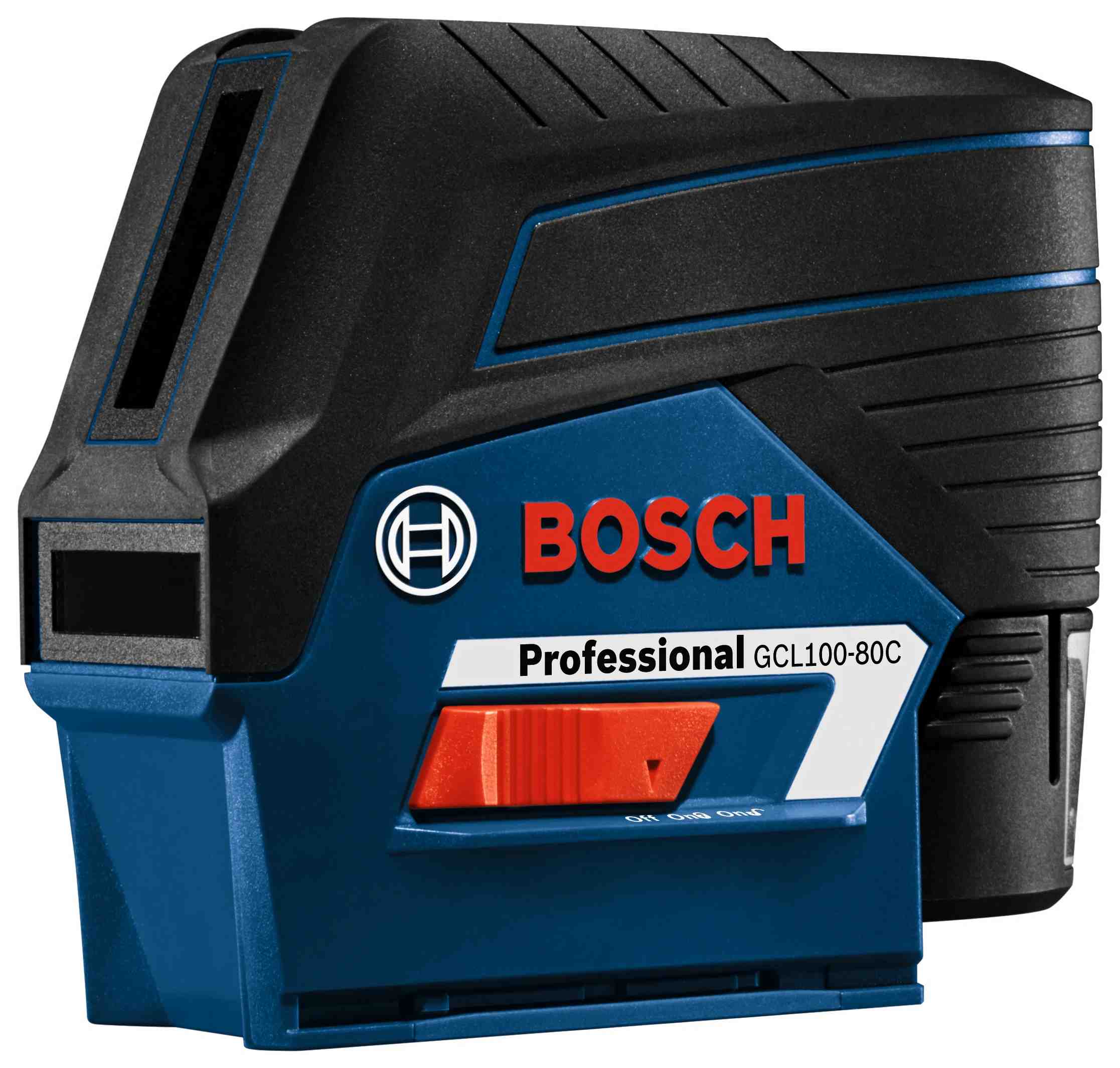 Side profile of the Bosch GCL100-80C 12V Max connected cross-line laser level showing the rugged professional housing and the red sliding power and pendulum lock switch.