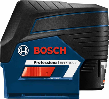 Detailed side view of the Bosch GCL100-80C laser level emphasizing the compact design and secure battery port for the 12V Max lithium-ion power system.