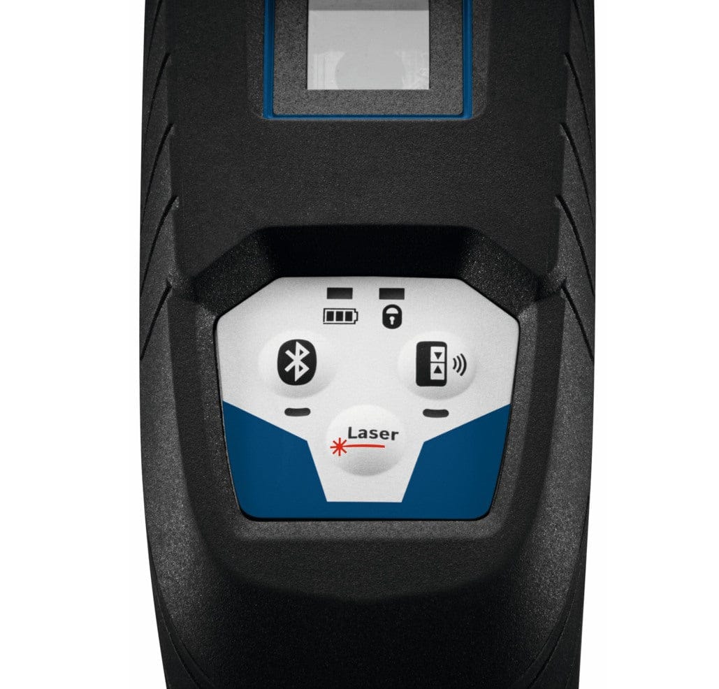 Top view of the Bosch GCL100-80C control panel featuring the Bluetooth connectivity button, battery life indicator, pendulum lock icon, and laser mode selection interface.