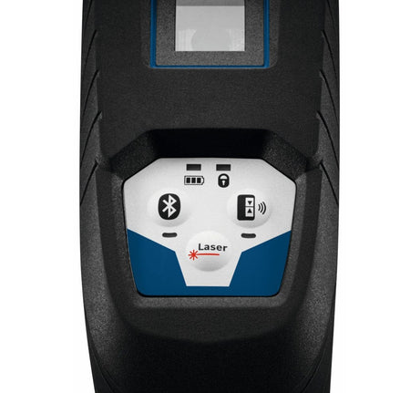 Top view of the Bosch GCL100-80C control panel featuring the Bluetooth connectivity button, battery life indicator, pendulum lock icon, and laser mode selection interface.