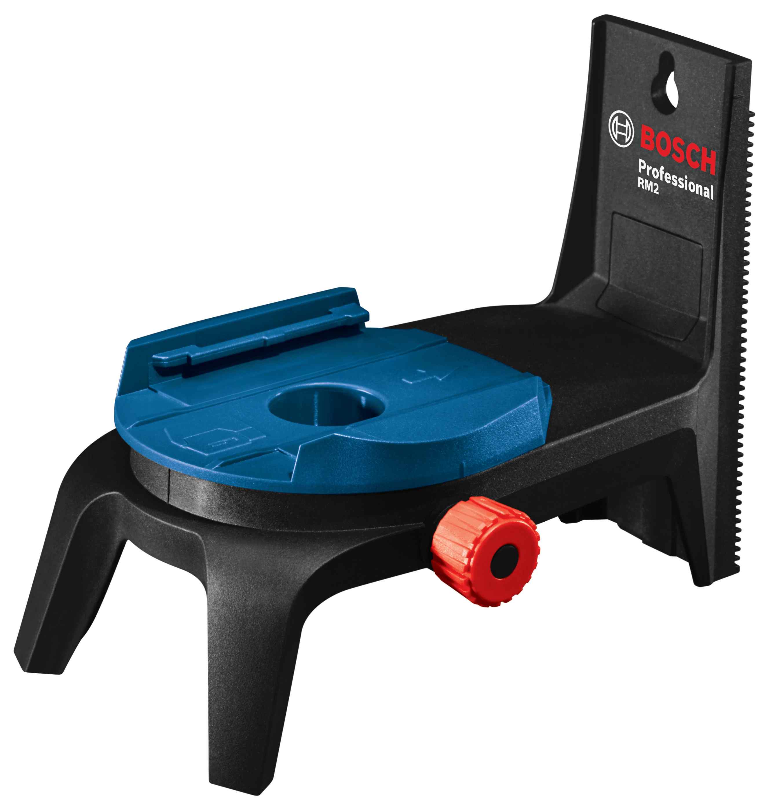 Bosch RM 2 professional magnetic rotating mount featuring a 360-degree base and a red micro-fine adjustment knob for precise alignment of laser lines.