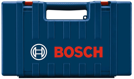 Exterior view of the heavy-duty blue Bosch hard carrying case with secure latches and integrated handle for transporting the GCL100-80C laser level kit.