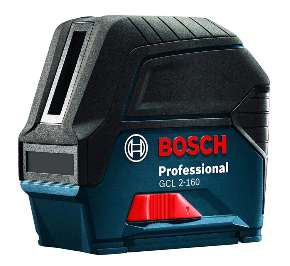 Bosch GCL 2‑160 reconditioned cross line laser shown with front and top laser windows red switch and rugged blue and black housing for professional leveling and alignment tasks.