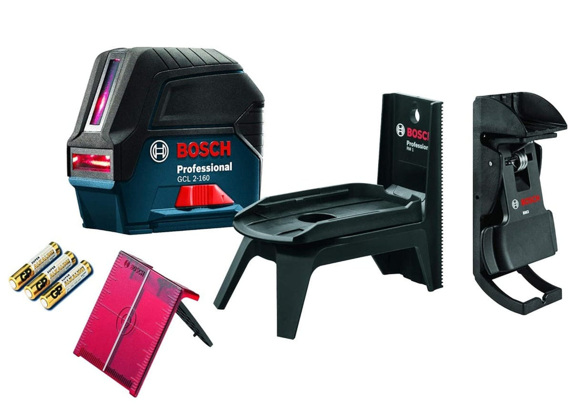 Complete Bosch GCL 2‑160 reconditioned laser level kit displayed with laser device magnetic mount base stand target plate and three AA batteries for professional alignment applications.