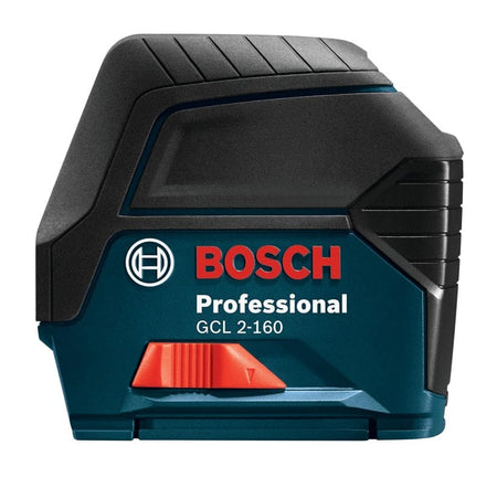 Close view of the Bosch GCL 2‑160 reconditioned cross line laser showing compact rectangular body red sliding switch and Bosch Professional markings for accurate leveling and plumb alignment.