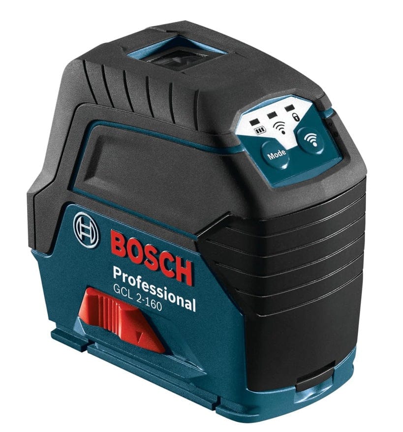 Top angled view of the Bosch GCL 2‑160 reconditioned laser level featuring mode buttons laser indicators and durable blue and black housing designed for precise layout and alignment work.