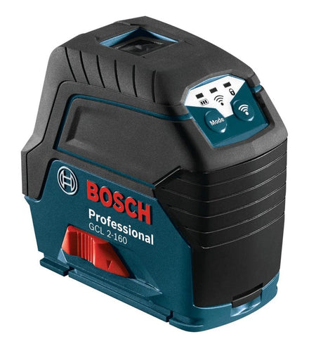 Top angled view of the Bosch GCL 2‑160 reconditioned laser level featuring mode buttons laser indicators and durable blue and black housing designed for precise layout and alignment work.