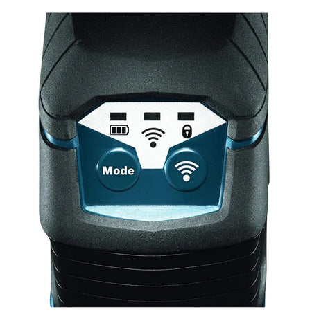 Close-up of Bosch GCL 2-160 control panel with mode and connectivity buttons; indicator lights show battery, lock, and signal status.