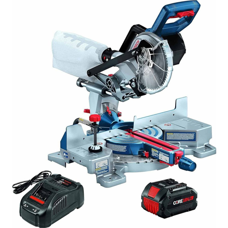 A comprehensive product kit shot of the Bosch GCM18V-07SN PROFACTOR 18V 7-1/4 inch miter saw featuring the BITURBO brushless slide saw, a CORE18V 8.0 Ah high power battery, and a standard lithium-ion battery charger.