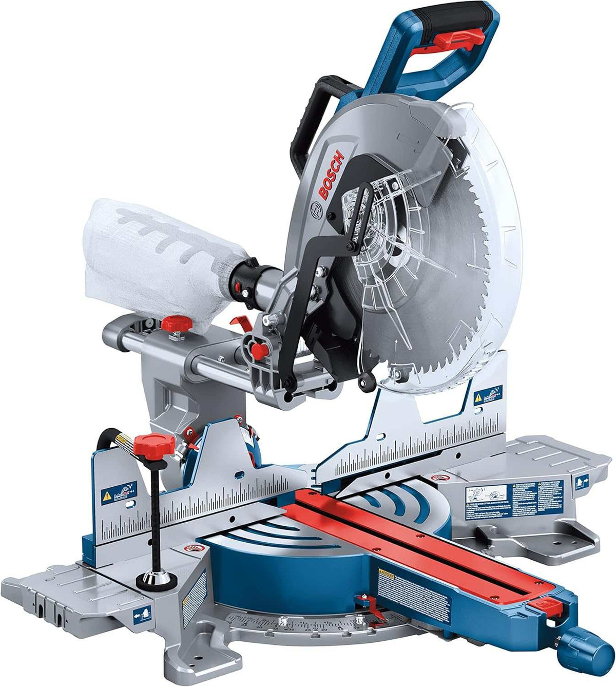 A professional studio shot of the Bosch GCM18V-12SDN 18V PROFACTOR 12 inch dual bevel slide miter saw featuring the BITURBO brushless motor, a shadow LED cut line, and a tall fence system for large woodworking projects.