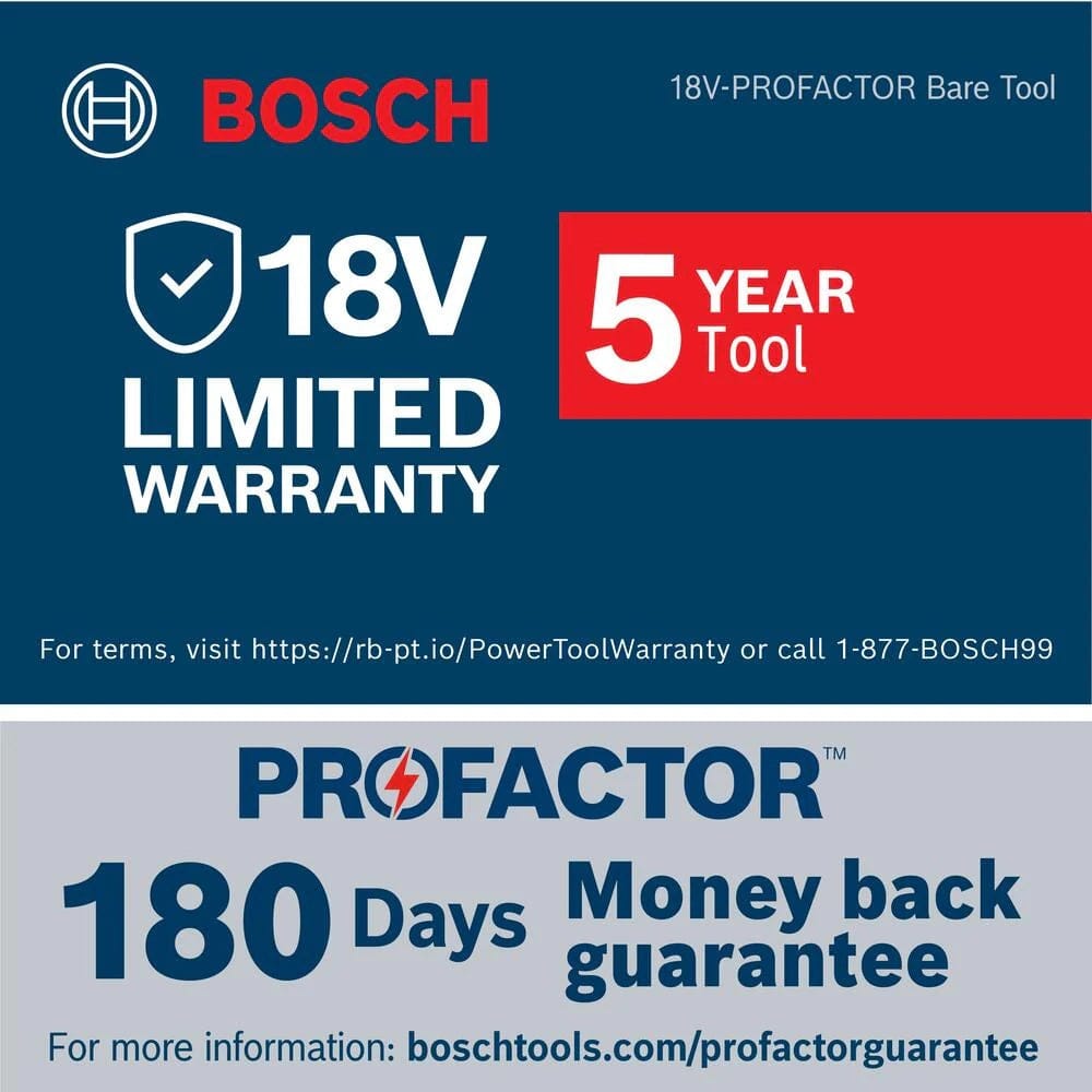The official Bosch limited warranty graphic for the 18V PROFACTOR bare tool, detailing a 5-year tool warranty and a 180-day money-back guarantee with registration information.
