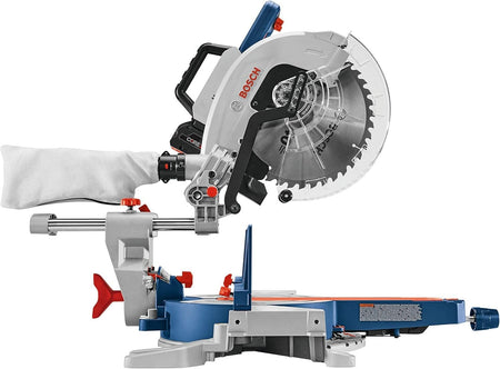 A side profile view of the Bosch Surgeon 12 inch cordless miter saw showcasing the dust collection bag, sliding rail mechanism, and the clear blade guard protecting the 12 inch carbide-tipped blade.
