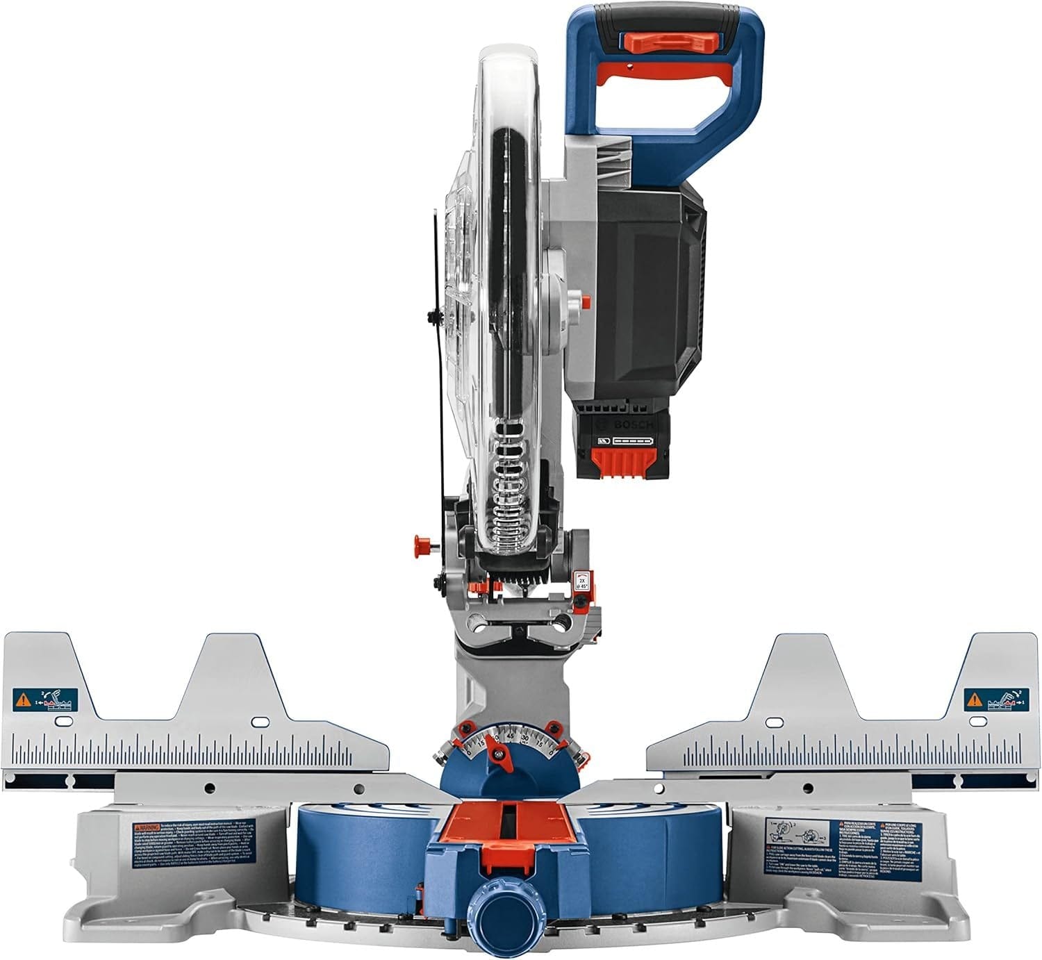 A front-facing view of the Bosch GCM18V-12SDN dual bevel miter saw highlighting the wide 14 inch crosscut capacity, tall 5.5 inch fences, and the easy-to-read miter and bevel scales.