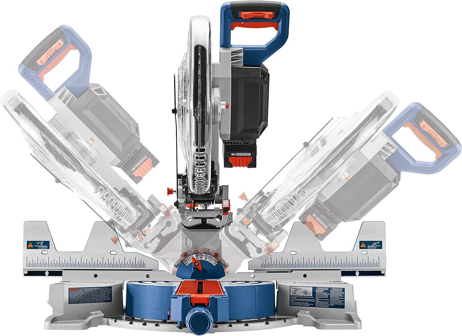 A motion graphic demonstrating the dual-bevel capability of the Bosch Surgeon saw, with transparent overlays showing the motor assembly tilting 47 degrees to both the left and right.