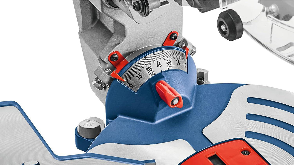 A close-up view of the high-contrast bevel adjustment scale and locking lever on the Bosch PROFACTOR miter saw, showing precise markings for accurate compound angle settings.