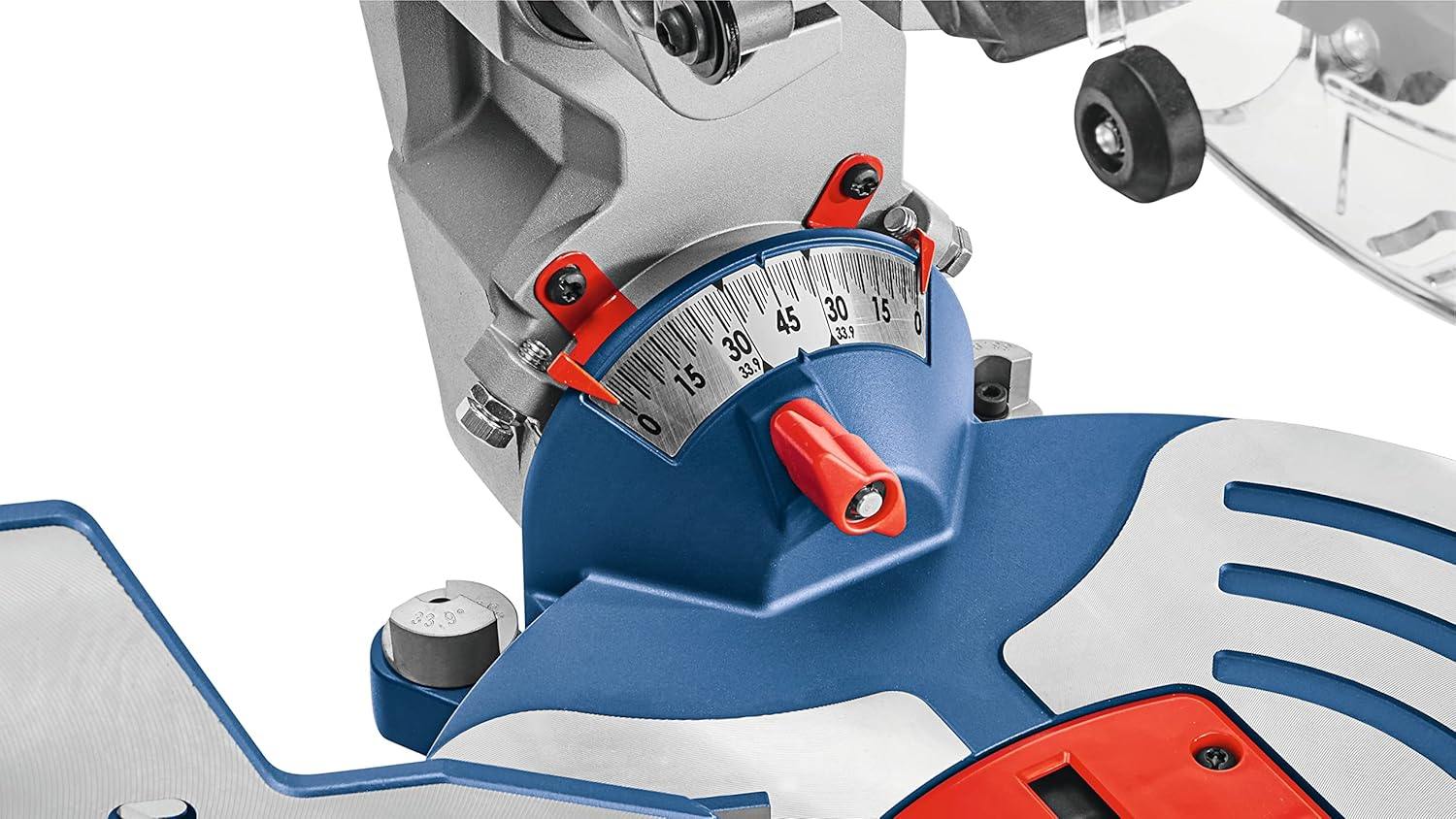 A close-up view of the high-contrast bevel adjustment scale and locking lever on the Bosch PROFACTOR miter saw, showing precise markings for accurate compound angle settings.