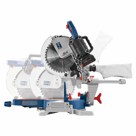 An action sequence graphic of the Bosch GCM18V-12SDN Surgeon saw showing the smooth sliding motion and plunge depth capacity of the 12 inch cordless slide miter saw.