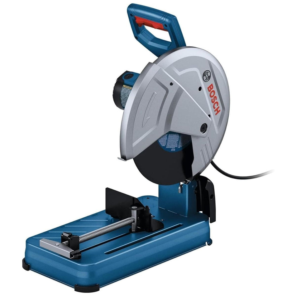 A studio shot of the Bosch 14-inch abrasive cut-off machine featuring a blue steel base, a large silver metal blade guard, and an ergonomic D-handle.