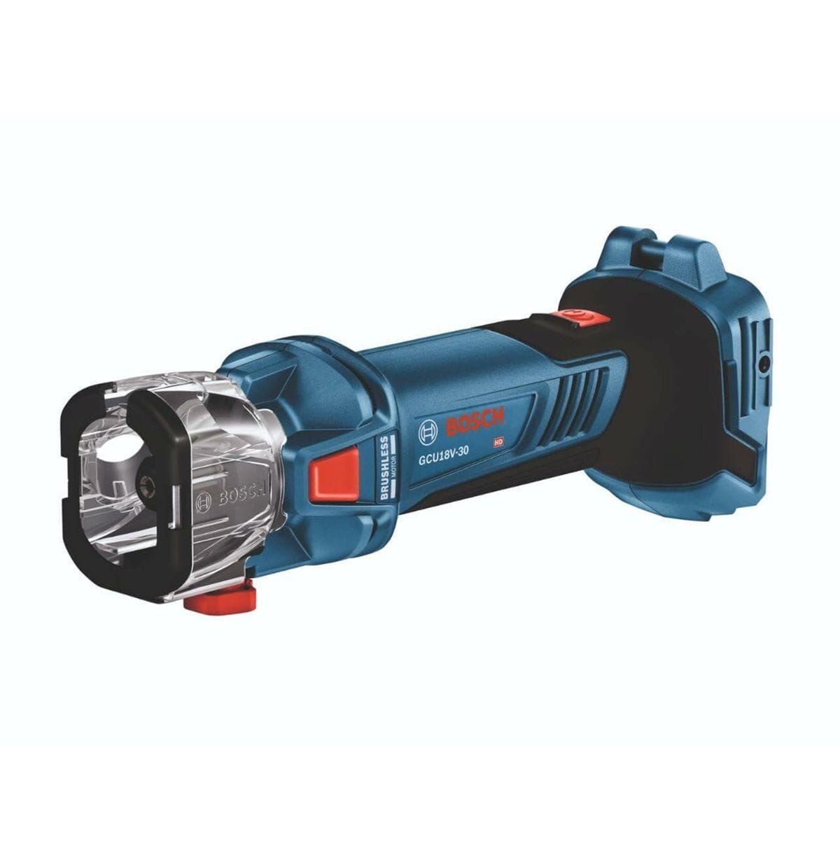 Bosch GCU18V-30 cordless rotary tool with clear protective guard, red power button, and textured grip. Compact design supports precision cutting, grinding, and sanding. Battery-powered for portable use in construction tasks.