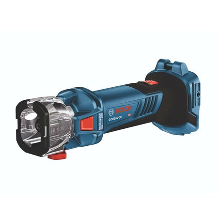 Bosch GCU18V-30 cordless rotary tool with clear protective guard, red power button, and textured grip. Compact design supports precision cutting, grinding, and sanding. Battery-powered for portable use in construction tasks.