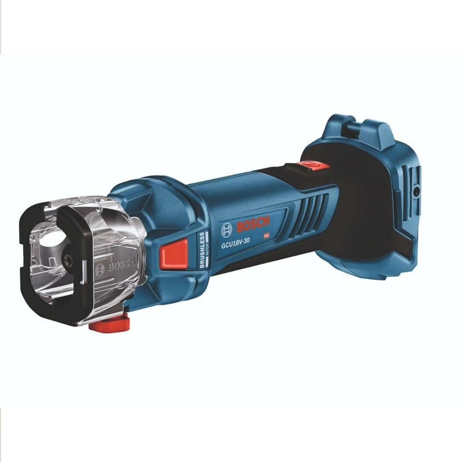 Bosch GCU18V-30 cordless rotary tool with clear protective guard, red power button, and textured grip. Compact design supports precision cutting, grinding, and sanding. Battery-powered for portable use in construction tasks.