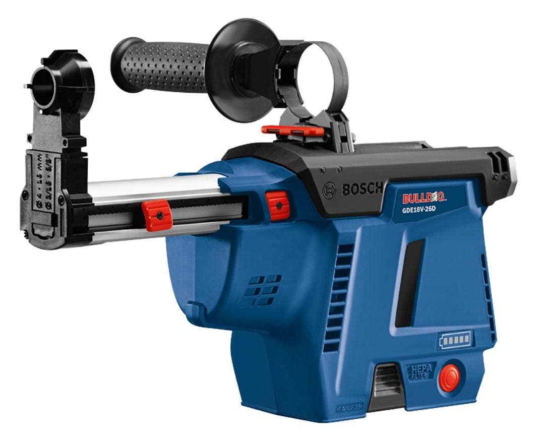 Bosch GDE18V-26D cordless dust extractor with telescoping arm, mounting bracket, and HEPA filter, shown in blue and black