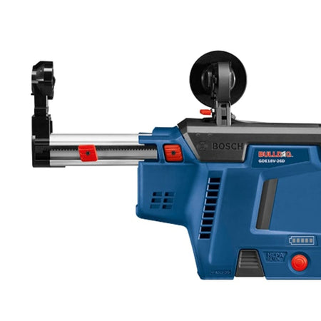 Bosch GDE18V-26D dust extractor with telescoping arm, HEPA filter, and measurement markings, designed for Bulldog rotary hammers.