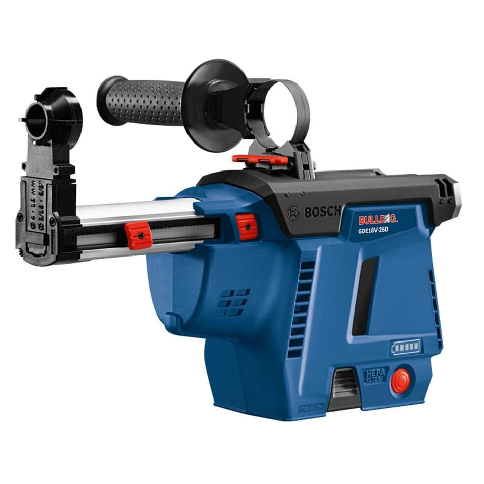 Bosch GDE18V-26D cordless dust extractor with telescoping arm, mounting bracket, and HEPA filter, shown in blue and black