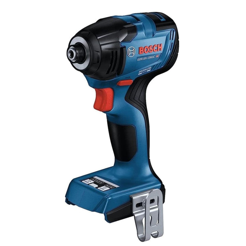 Angled view of the Bosch GDR18V-1860C impact driver with an attached battery, highlighting the activated LED work light shining from the base of the tool towards the hex chuck.