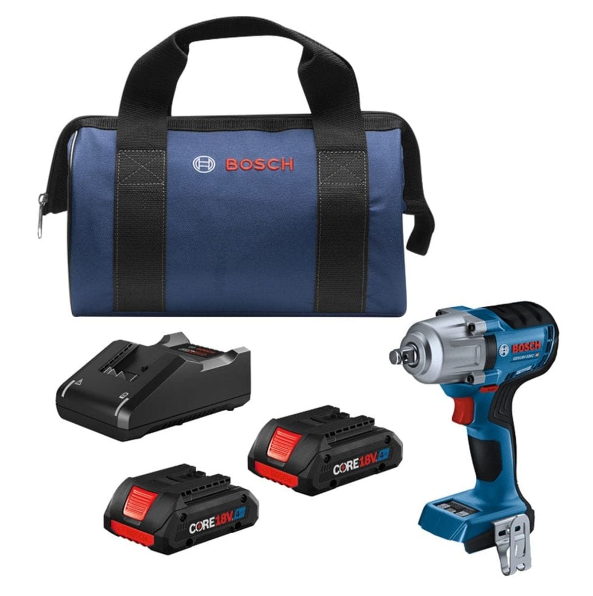 A comprehensive product shot of the Bosch 18V mid-torque impact wrench kit, featuring the handheld tool, two CORE18V 4.0 Ah batteries, a battery charger, and a blue and black zippered carrying bag with the Bosch logo.