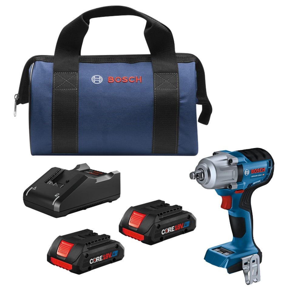 A comprehensive product shot of the Bosch 18V mid-torque impact wrench kit, featuring the handheld tool, two CORE18V 4.0 Ah batteries, a battery charger, and a blue and black zippered carrying bag with the Bosch logo.