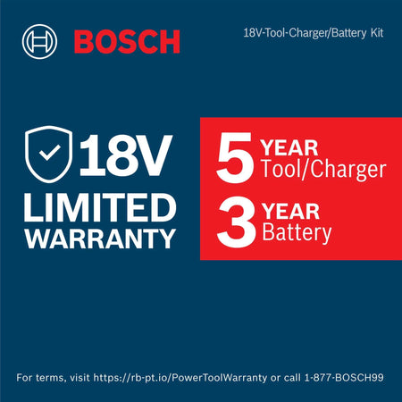 A graphic detailing the Bosch 18V Limited Warranty for tool, charger, and battery kits, featuring the Bosch logo and text stating a 5-year tool/charger warranty and a 3-year battery warranty.