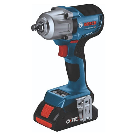 A perspective studio shot of the Bosch brushless mid-torque impact wrench standing upright with a CORE18V battery attached to the base, highlighting its professional blue and black design and silver-colored front housing.