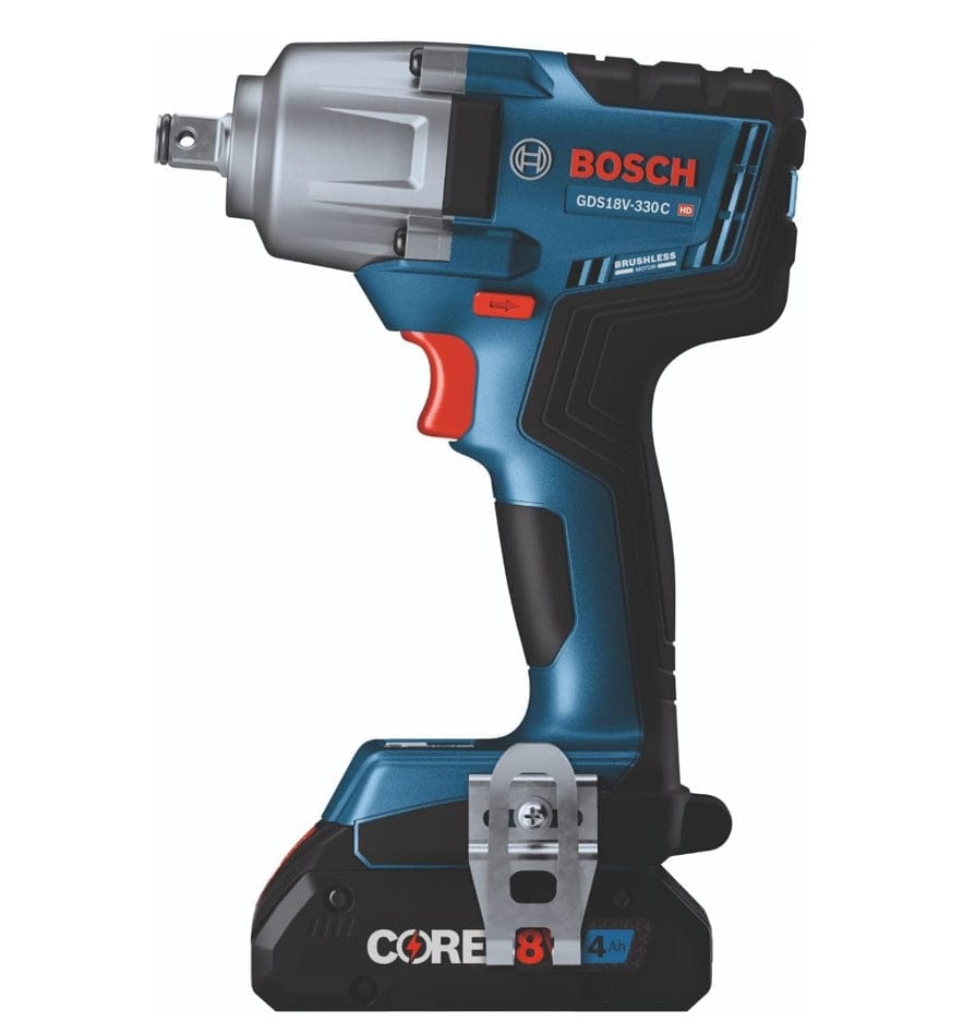 A direct side-profile view of the Bosch 18V mid-torque impact wrench showing the compact head length, ergonomic textured grip, red trigger, and a silver metal belt clip attached to the side.