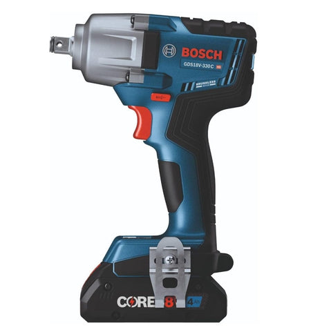 A direct side-profile view of the Bosch 18V mid-torque impact wrench showing the compact head length, ergonomic textured grip, red trigger, and a silver metal belt clip attached to the side.