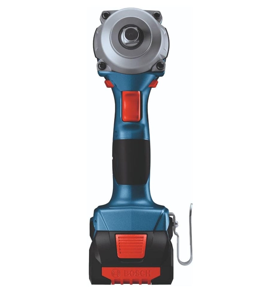 A direct front view of the impact wrench showcasing the 1/2-inch square drive anvil, the red trigger button, and the slim profile of the battery housing at the base.