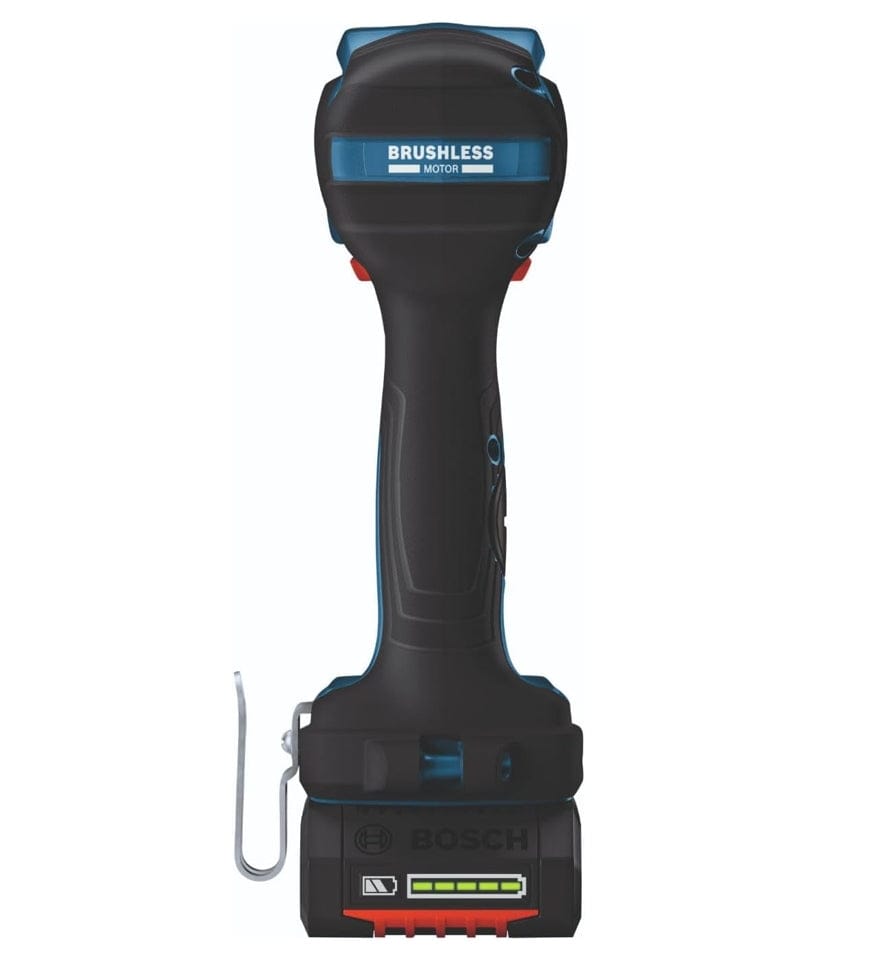 A direct rear view of the impact wrench highlighting the motor housing with brushless motor branding, the textured back of the handle, and the battery fuel gauge visible on the rear of the attached CORE18V battery.