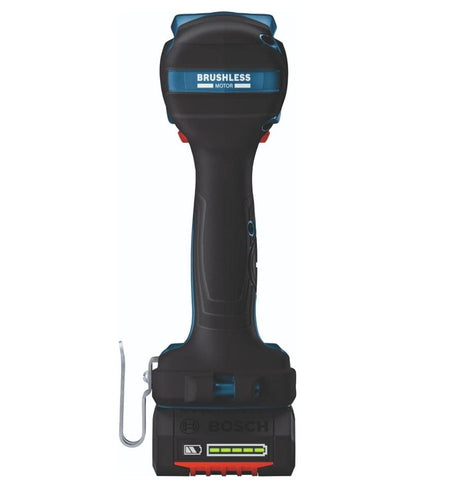 A direct rear view of the impact wrench highlighting the motor housing with brushless motor branding, the textured back of the handle, and the battery fuel gauge visible on the rear of the attached CORE18V battery.