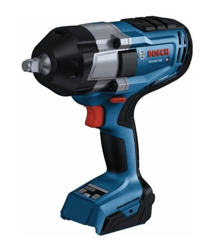 Perspective view of the Bosch GDS18V-740 PROFACTOR 18V 1/2-inch high-torque impact wrench highlighting the BITURBO brushless motor housing and friction ring anvil.
